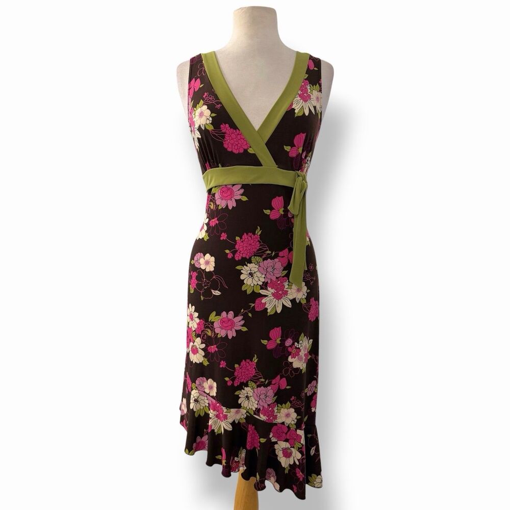 Vtg Y2K Charlotte Russe Floral Asymmetrical Midi Dress Brown Pink Green Large
